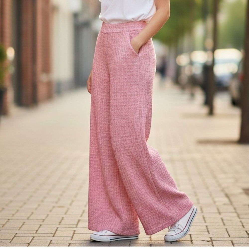 Cider Pink Tweed Wide Leg Pants High Waisted Boucle Trousers CD20220822163261TS